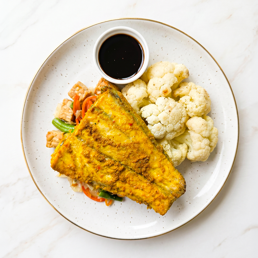 Balinese Marinated Fish with Stir Fry Asian Vegetables and Roasted Cauliflower