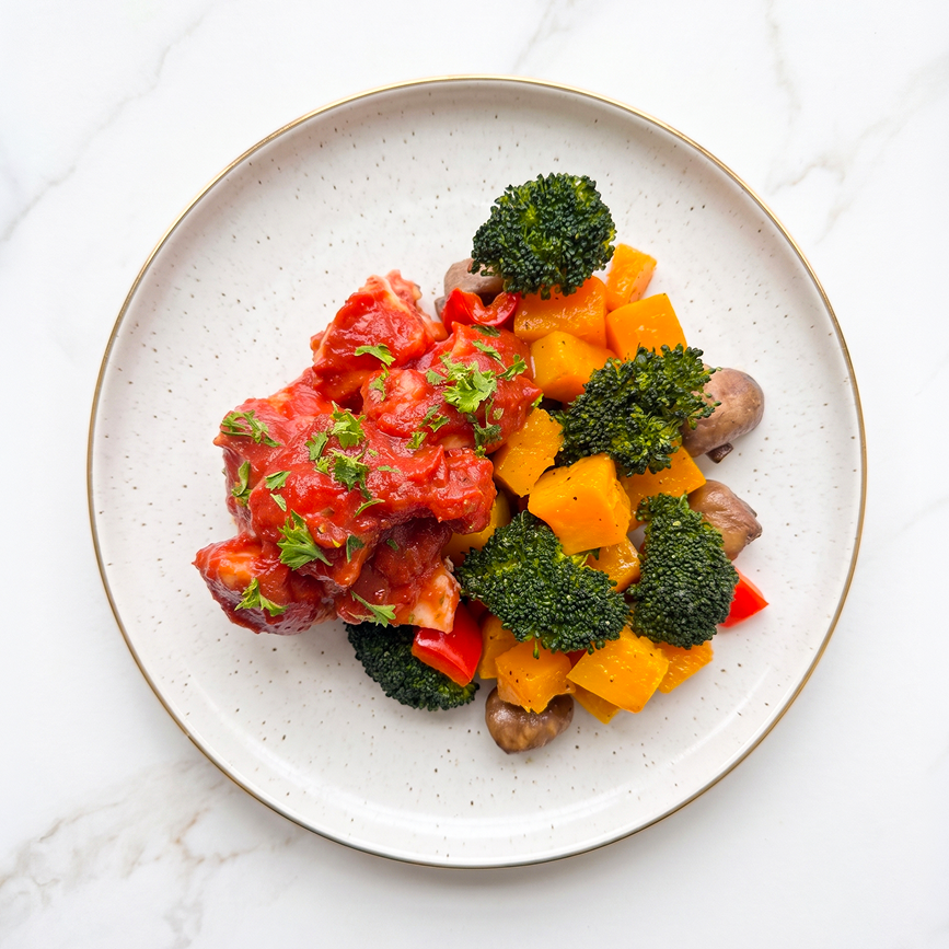 Chicken Cacciatore with Mushroom, Brocolli , Capsicums and Roasted Pumpkin