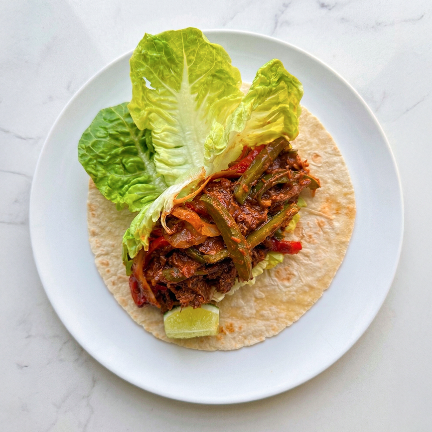 Lamb Barbacoa with Baby Romaine Lettuce and Reduced Carb Wrap