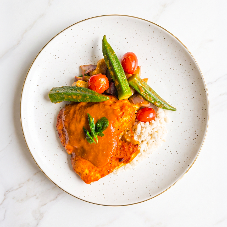 Malaysian Tamarind Fish Curry with Eggplant, Long Beans, Okra and Cauliflower Rice