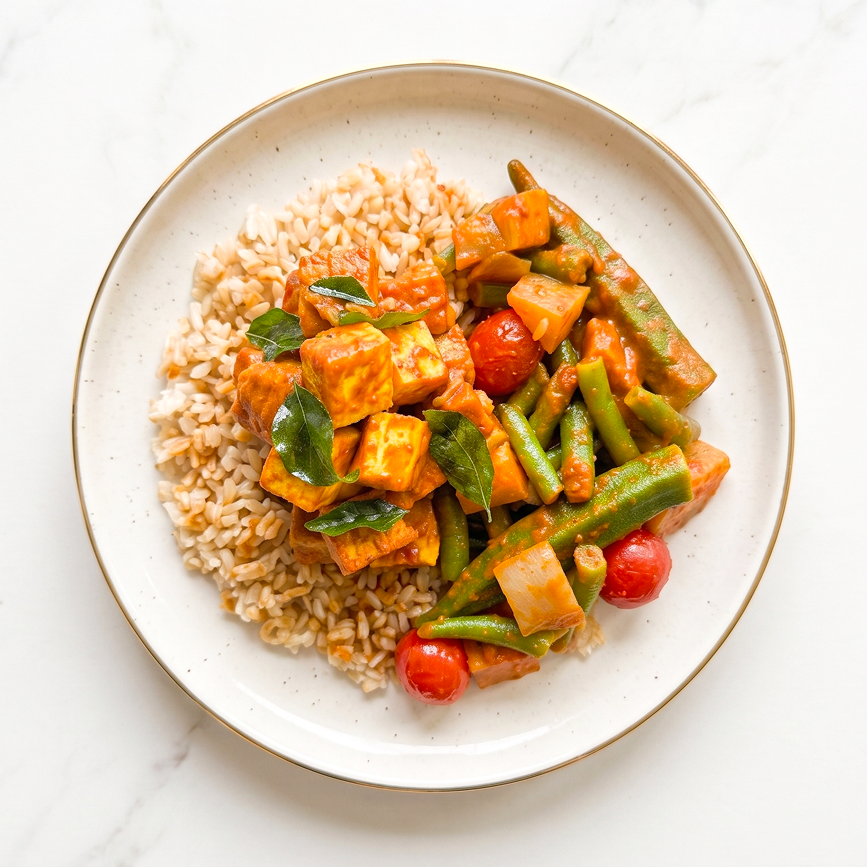Malaysian Tamarind Tofu & Tempeh Curry with Eggplant, Long Beans, Okra and Brown Rice