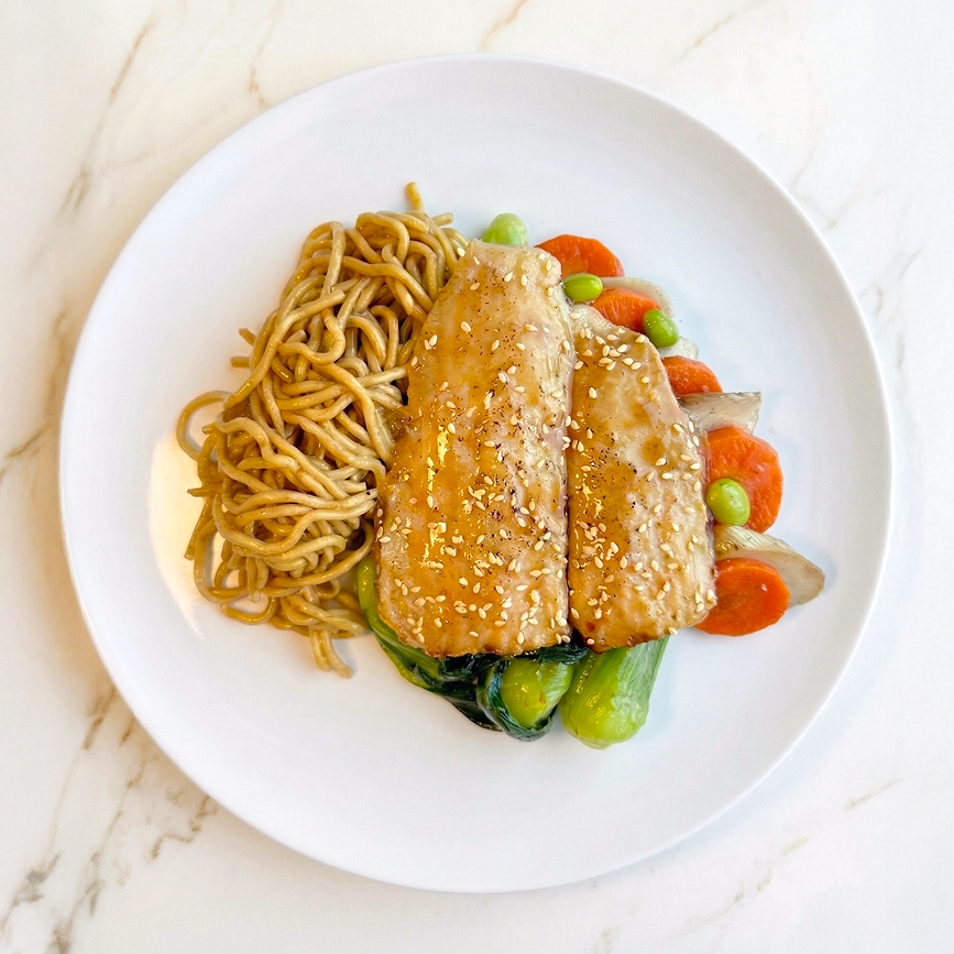 Miso Glazed Fish with Baby Bok Choy, Seasonal Vegetables and Ramen Noodles