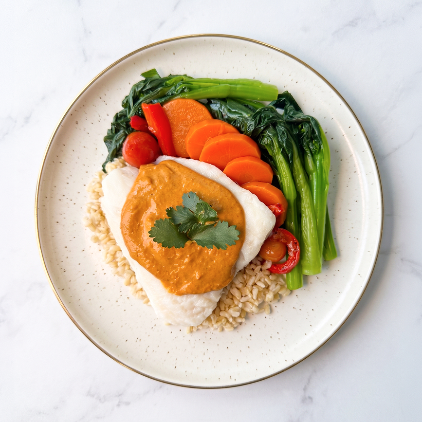 Red Curry Fish with Asian Vegetables Medley and Brown Rice