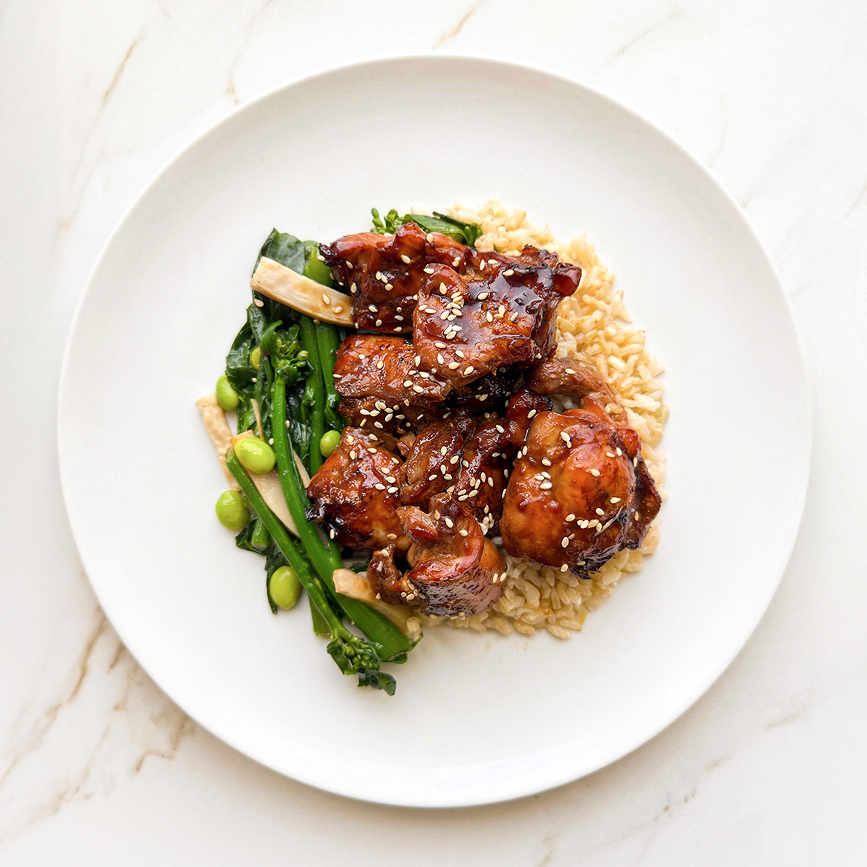 Teriyaki Chicken Don with Asian Greens, Mushrooms and Brown Rice