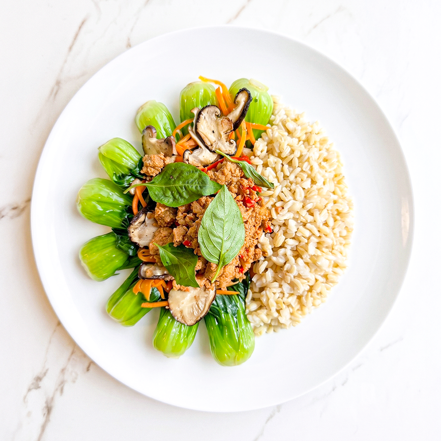 Thai Phat Kaphrao with Asian Vegetables and Brown Rice