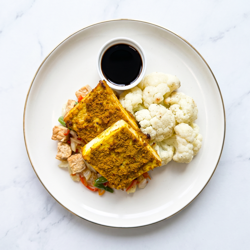 Balinese Tofu with Stir Fry Asian Vegetables and Roasted Cauliflower