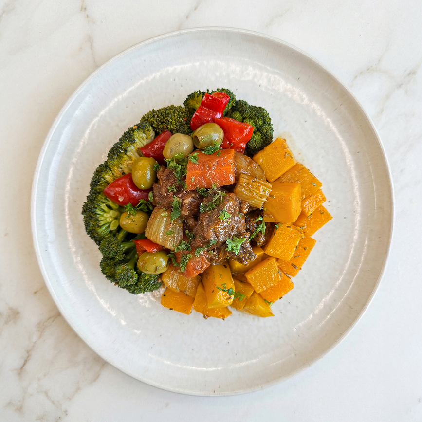 Beef Daube Provencal with Roasted Seasonal Vegetables and Rosemary Roasted Pumpkins