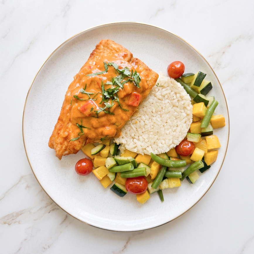 Brazilian Mahi Mahi Stew with Roasted Seasonal Vegetables and Cauliflower Rice