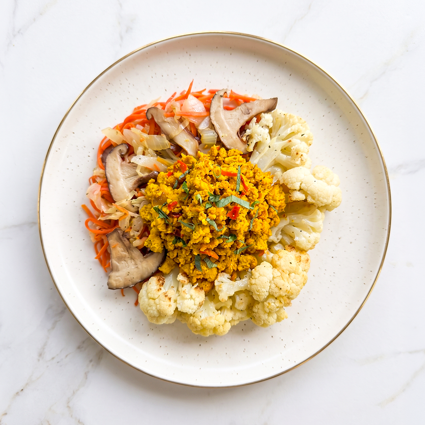 Cambodian Style "Chicken" with Asian Vegetable Medley and Roasted Cauliflower