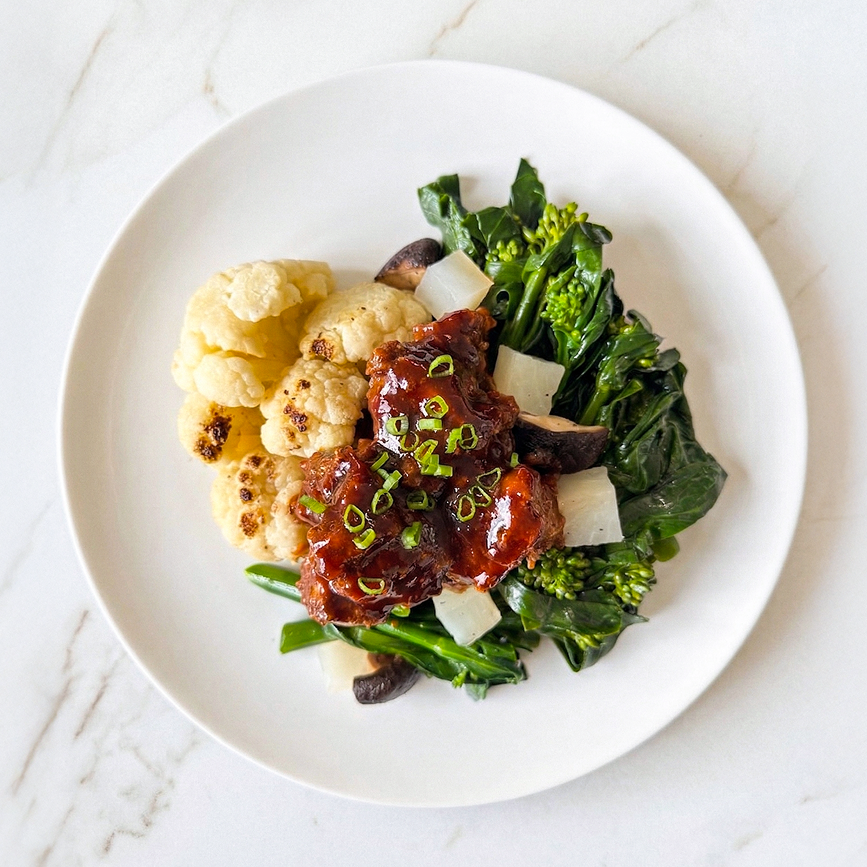 Cantonese Braised Beef with Asian Greens Medley and Roasted Cauliflower
