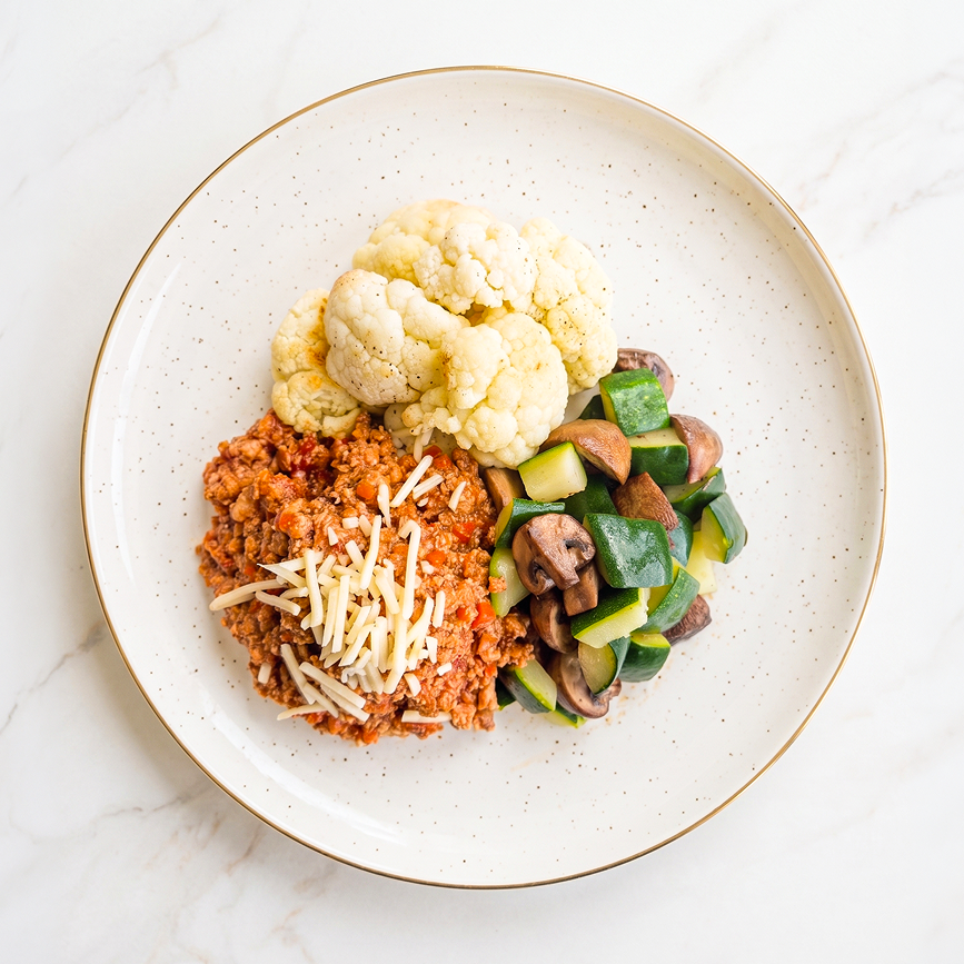 "Chicken" Bolognese with Summer Vegetables and Roasted Cauliflower