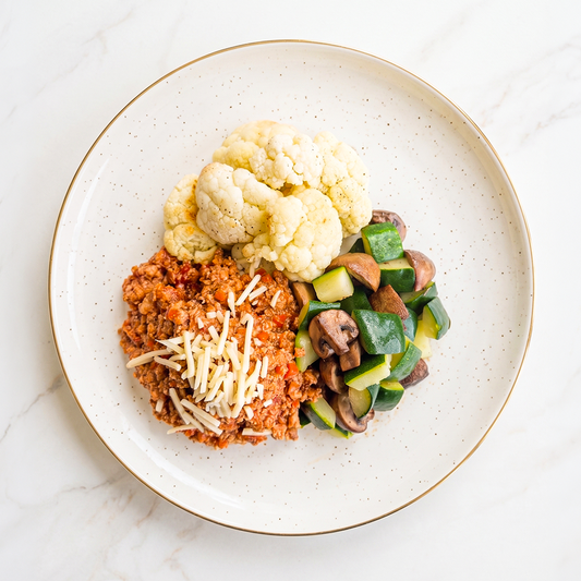 "Chicken" Bolognese with Summer Vegetables and Roasted Cauliflower