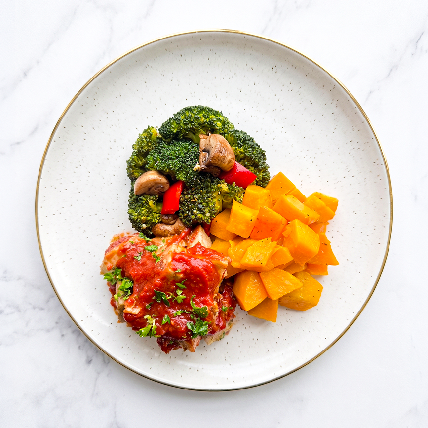 "Chicken" Cacciatore with Mushroom, Brocolli, Capsicums and Roasted Pumpkins