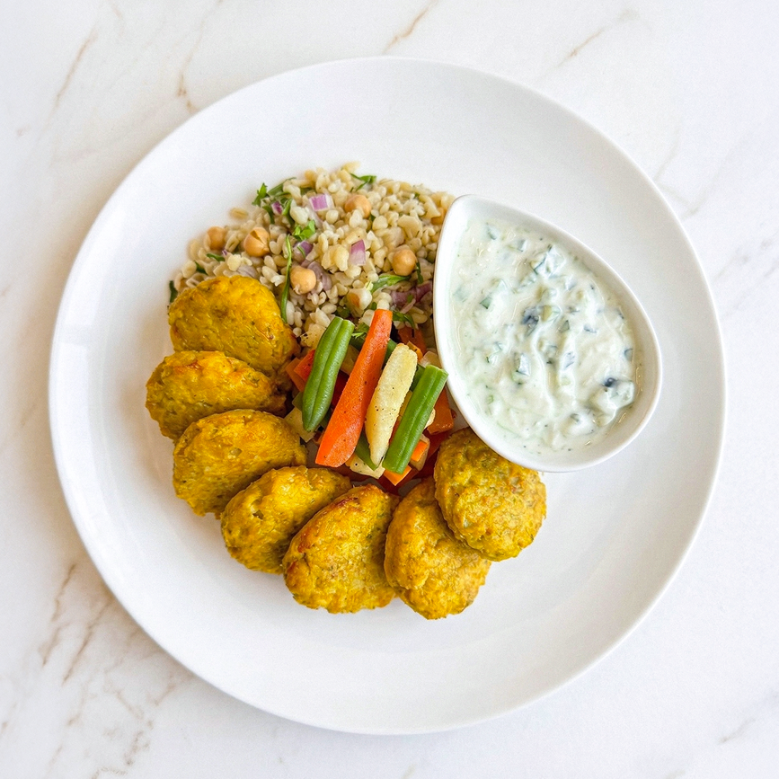 Chicken Kofta with Roasted Vegetables, Bulgur, Garbanzo Beans and Tzatziki