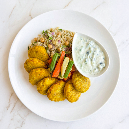 Chicken Kofta with Roasted Vegetables, Bulgur, Garbanzo Beans and Tzatziki