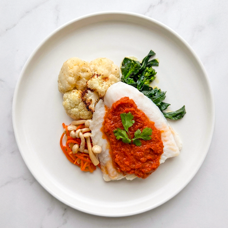 Fish with Tom Yum Sauce, Asian Greens, Mushrooms and Roasted Cauliflower