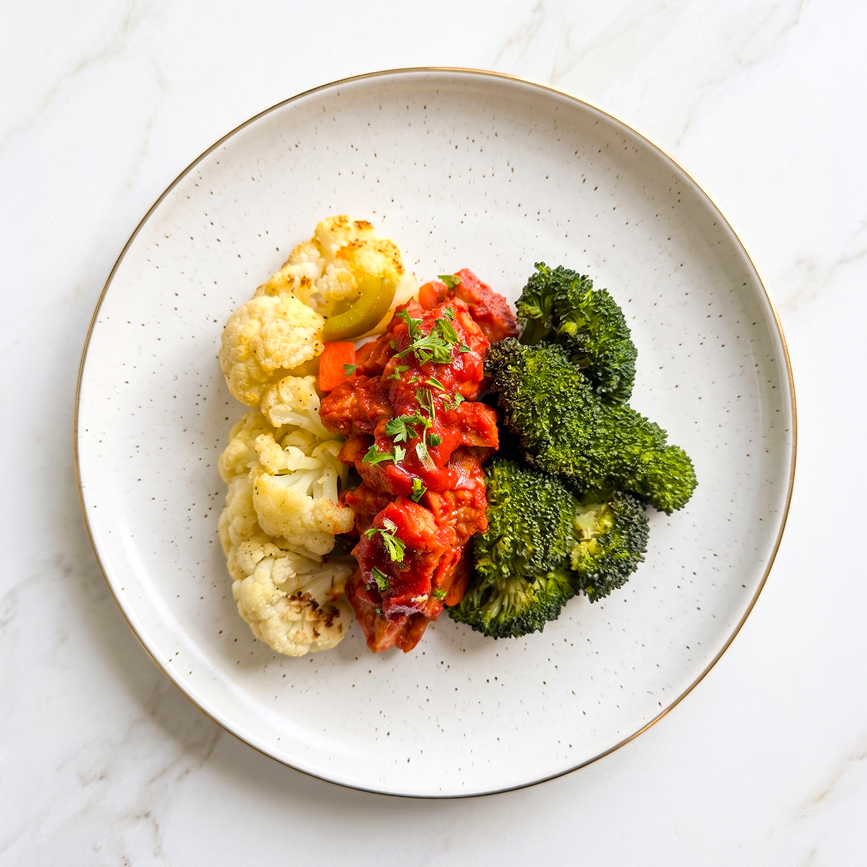 Harissa "Chicken" with Green Capsicums, Cauliflower, Carrots and Roasted Broccoli