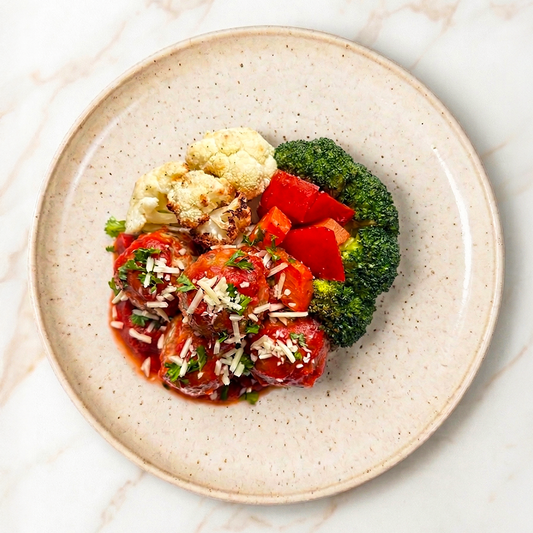 Italian Chicken Meatballs with Broccoli, Capsicums and Roasted Cauliflower