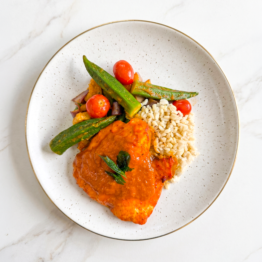 Malaysian Tamarind Fish Curry with Eggplant, Long Beans, Okra and Brown Rice