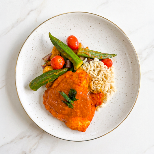 Malaysian Tamarind Fish Curry with Eggplant, Long Beans, Okra and Brown Rice