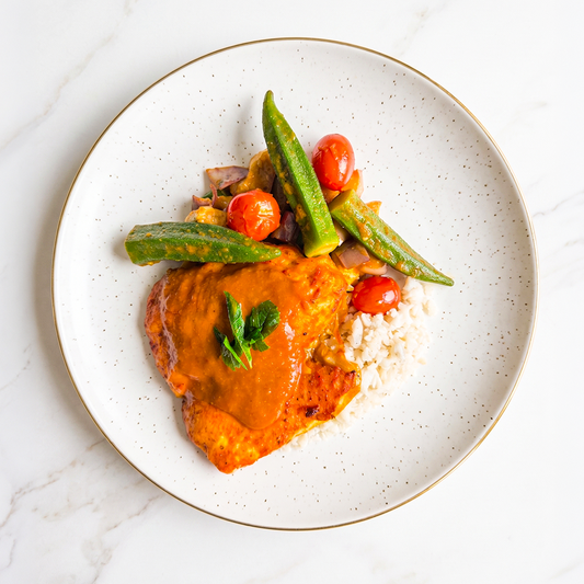 Malaysian Tamarind Fish Curry with Eggplant, Long Beans, Okra and Cauliflower Rice