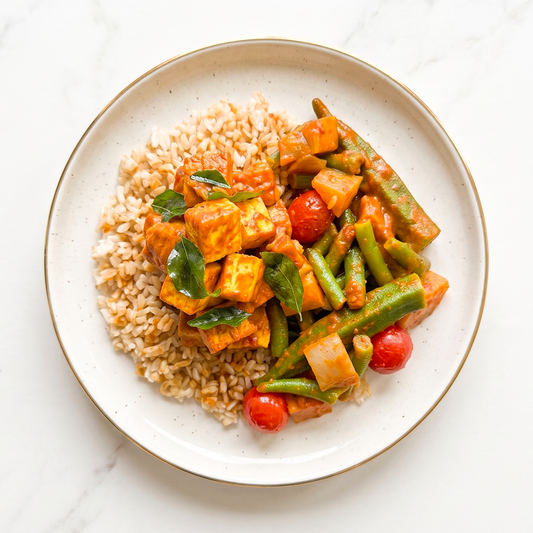 Malaysian Tamarind Tofu & Tempeh Curry with Eggplant, Long Beans, Okra and Brown Rice