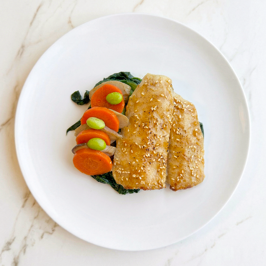 Miso Glazed Fish with Baby Bok Choy and Seasonal Vegetables
