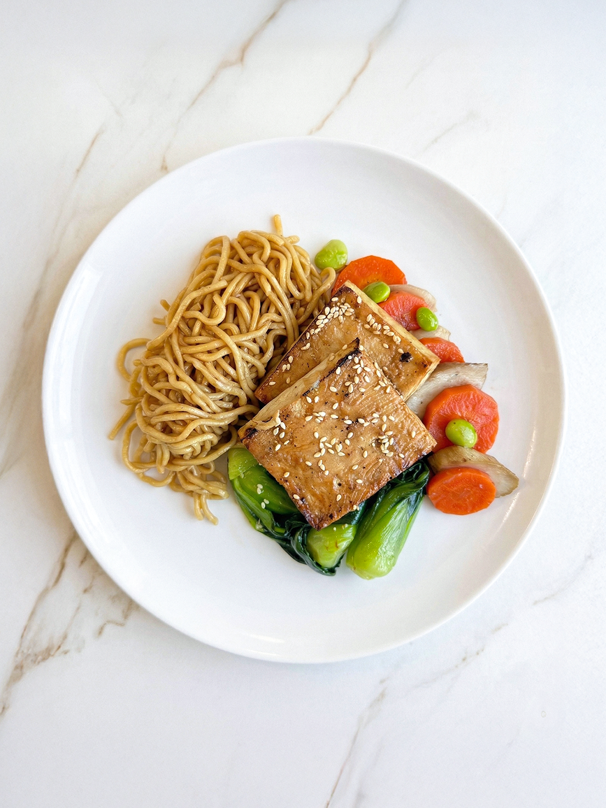 Miso Glazed Tofu with Baby Bok Choy, Seasonal Vegetables and Ramen Noodles