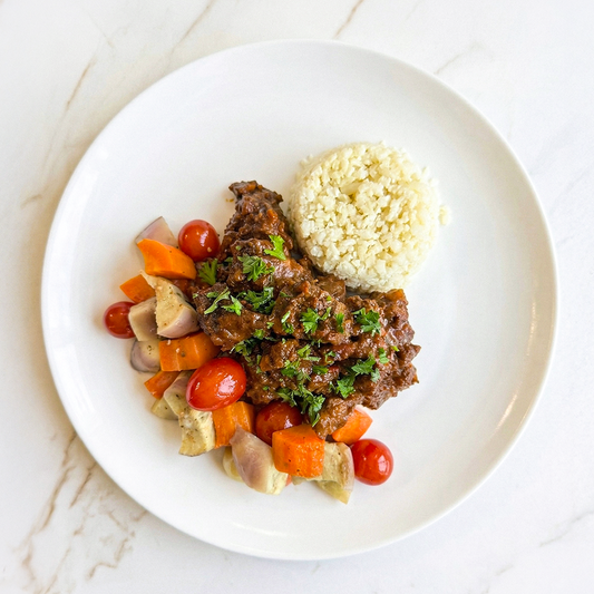 Moroccan Beef Stew with Roasted Eggplant and Carrots and Cauliflower Rice