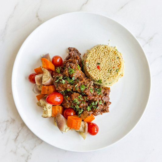 Moroccan Beef Stew with Roasted Eggplant, Carrots and Couscous
