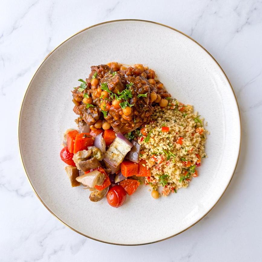 Moroccan Chickpeas Stew with Roasted Eggplant and Carrots and Couscous
