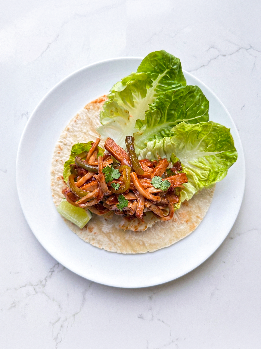 Mushroom Barbacoa with Baby Romaine Lettuce and Reduced Carb Wrap (Vegan)
