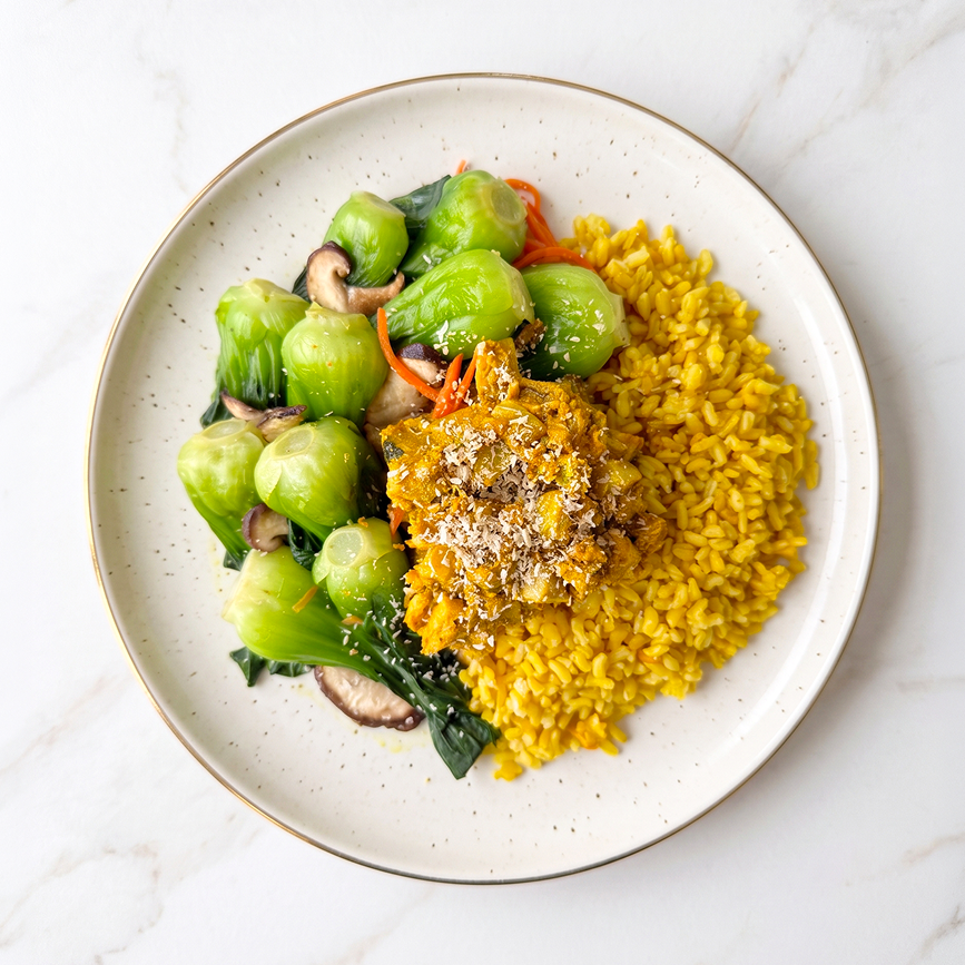 Mushroom Rendang with Asian Greens and Turmeric Brown Rice
