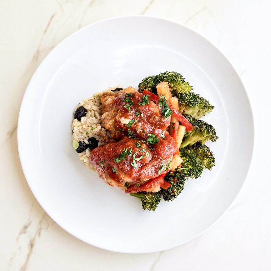 Naked Chicken Fajitas with Roasted Seasonal Vegetables and Brown Rice with Beans