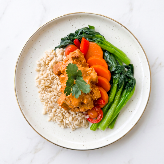 Red Curry Tofu & Tempeh with Asian Vegetables Medley and Brown Rice