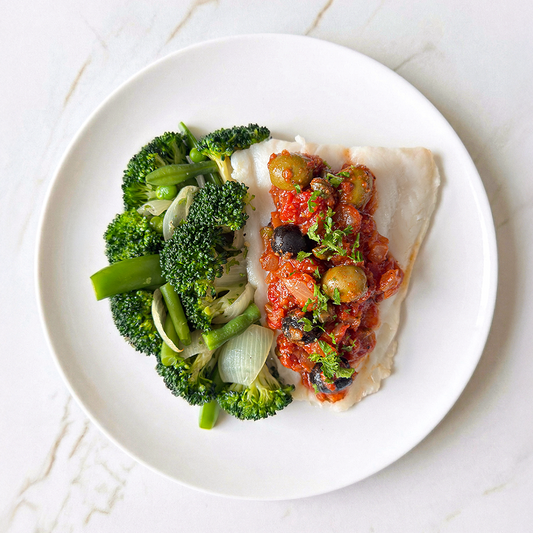 Roasted Fish in Puttanesca Sauce with Green Vegetables