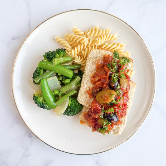 Roasted "Fish" in Puttanesca Sauce with Green Vegetables and Fusilli Pasta