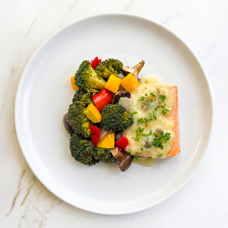 Salmon Piccata with Roasted Seasonal Vegetables