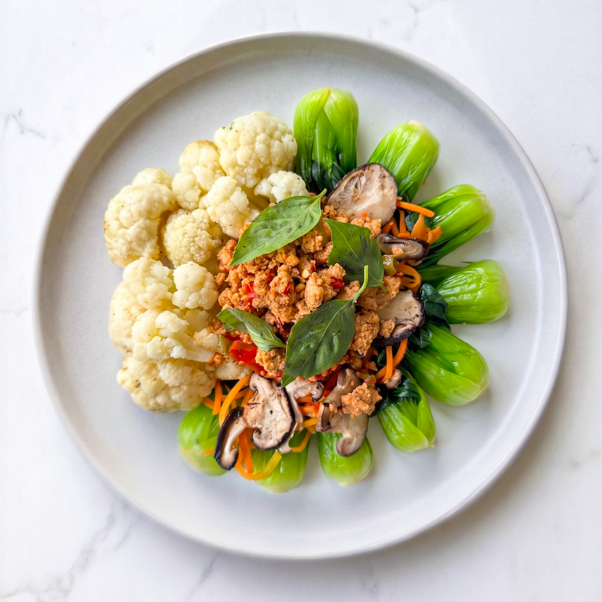 Thai Basil Chicken with Asian Vegetables and Roasted Cauliflower