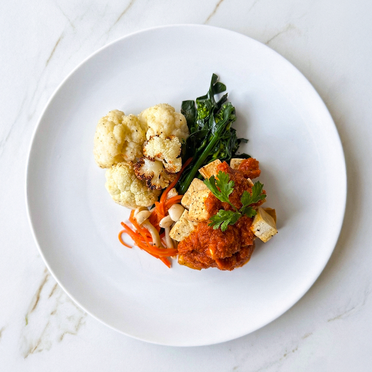 Tofu with Tom Yum Sauce, Asian Greens, Mushrooms and Roasted Cauliflower